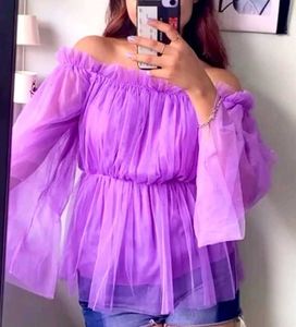 Purple Off-Shoulder Tulle Top