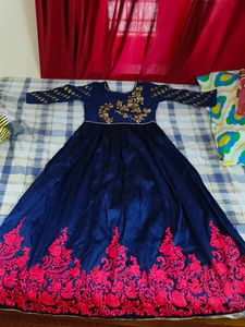 Thread Worked Grand Blue Gown,Full Length