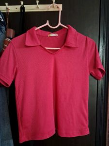 Rose Pink Ribbed Polo-neck Crop Top