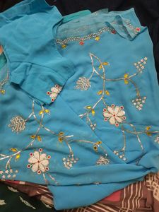 Blue Saree With Work Design
