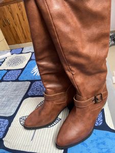 Brown Buckle Accent Knee High Boots