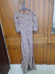 Beige Jumpsuit With Pink Podka Dots.