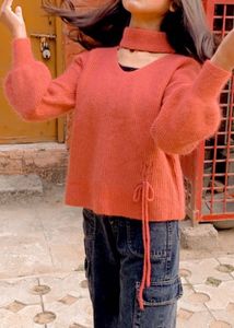 Pink Woolen Neck Cut Sweater With Black Inner