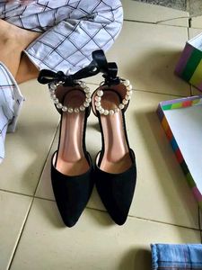 Black Heels with Pearl Detail