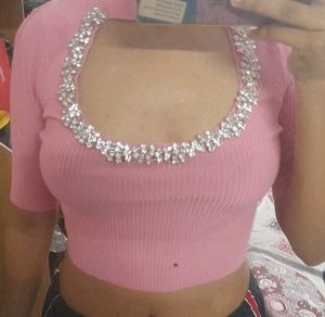 Pink Rhinestone Crop Top
