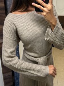 free size Ribbed Knit tie up Midi Dress