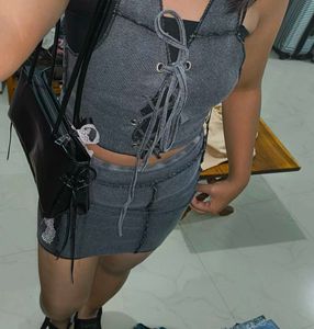 grey Textured Crop Top With Skirt