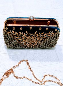 Teal Embroidered Clutch with Chain