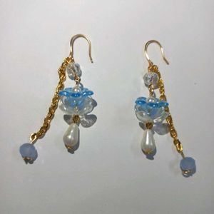 Beautiful Handmade Beaded Floral Earrings - Blue