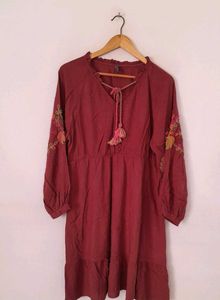 Maroon Embroidery Dress Women 🤎🛍️
