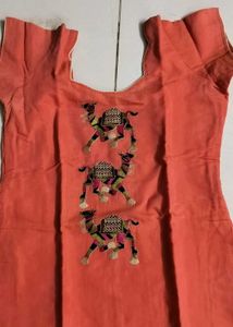 Peach Kurta With Camel Embroidery