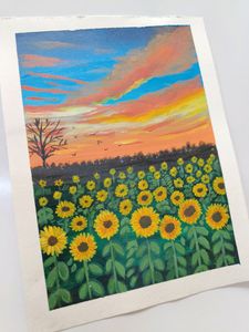 Sunflower Field With Beautiful Sunset Painting