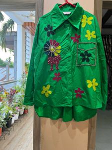Quirky Embellished Green Patchwork Shirt