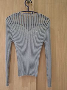 Grey Ribbed Knit Top