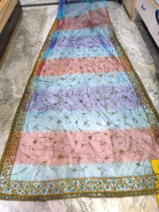 Red, blue and purple blend net saree