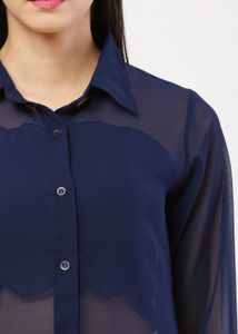 Navy Sheer Button-Down Blouse