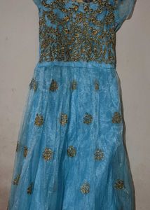Long Blue &amp; Gold Embroidered Party Dress