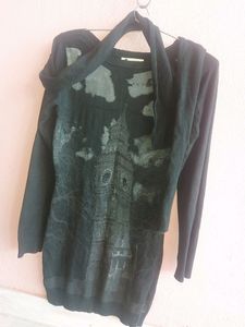 Black Long Full Sleeves Woolen Top With Super Soft Stole