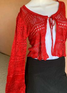 Red Crochet Knit Cardigan