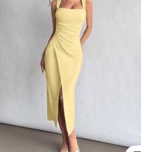 Chic Yellow Midi Dress with Slit.