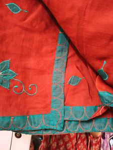 Brick Red Cotton Blend Saree With Blouse