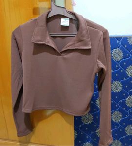Brown Ribbed Polo Top
