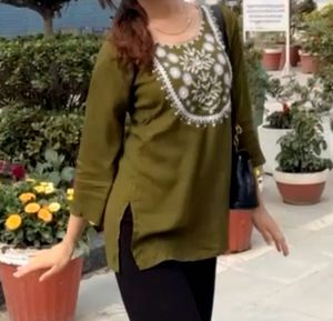 Embroidered Olive Green Kurti