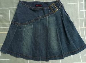 Denim Pleated Mini Skirt with Buckle Detail