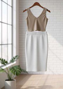 White Pencil Skirt with beige top coord set