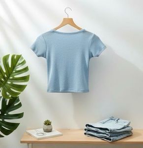 Blue Square ribbed Neck Crop Top