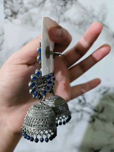 Women Fashion Earrings Blue Stones Oxidised Silver