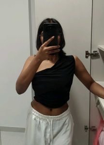 Dramatic Black One-Shoulder Ruched Party Top