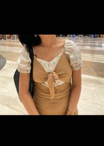 Tan Midi Dress with Tie Detail