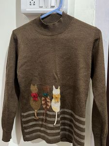 Cute Cat Embroidery Brown Sweater