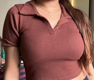 Brown Ribbed Crop Top