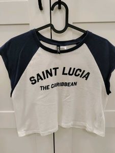 H&M White And Blue Printed Crop Top