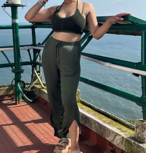 Olive Green Crochet Top & Pants Set