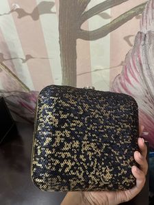 Black Golden Sequin Hard Clutch With Bead Chain