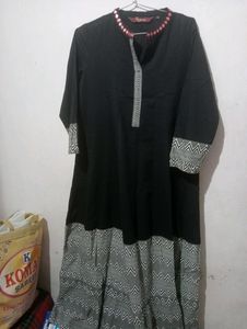 A-line Black Cotton Long Kurti