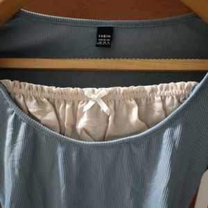 Blue Ribbed Long Sleeve Coquette Crop Top