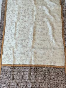 Cream Tussar Silk Saree With Blockprint &amp; Sequins