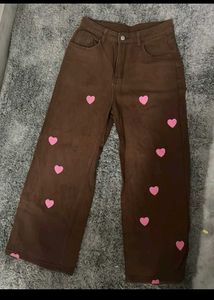 Brown Heart Print Wide Leg Jeans
