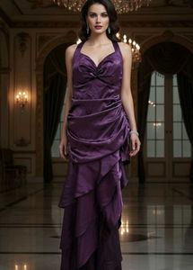 Purple ruffle dress with tailing on left side.