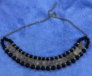 Black Beaded Silver Tone Necklace