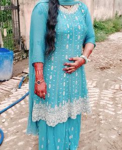 Teal Embroidered Sharara Suit