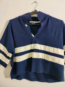 Navy &amp; White Cropped Polo Top