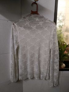 Ivory Crinkled Lace Long Sleeve Sheer Top