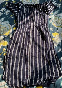 Off Shoulder, Blue Striped party Dress Woman- S