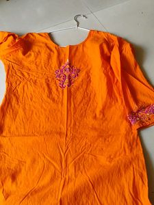 Orange Embroidered Suit With Dupatta