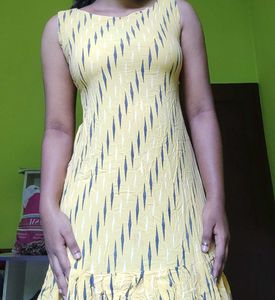 Golden-Yellow Mini Maxi Dress with Blue Stripes –